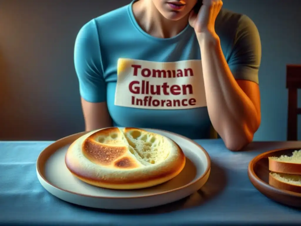 Persona experimentando síntomas de intolerancia al gluten con malestar al ver comida con gluten