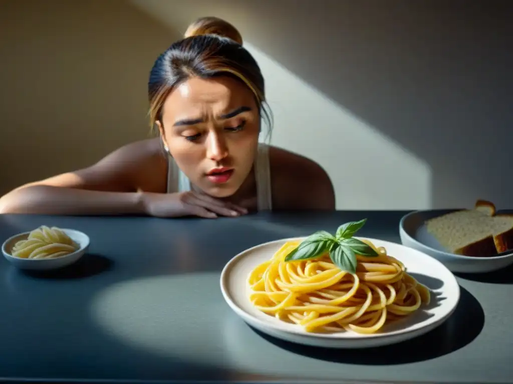 Persona con síntomas de intolerancia al gluten, mirando con angustia un plato de pasta y pan