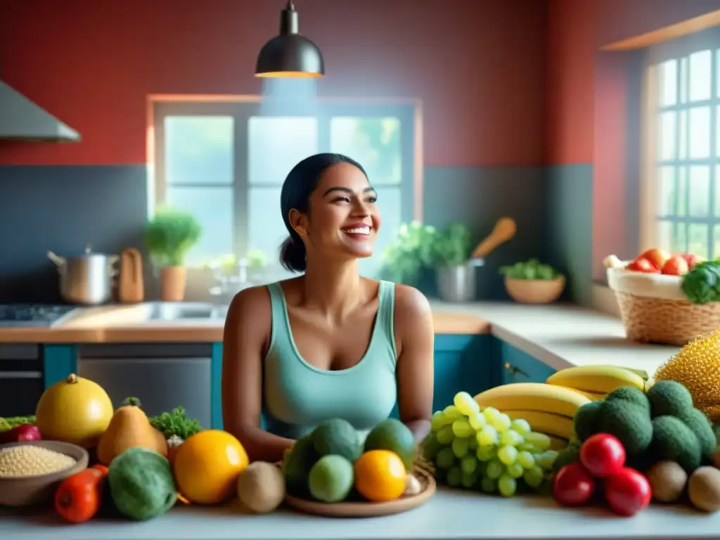 Una persona sonriente disfruta de alimentos sin gluten en su mesa de cocina