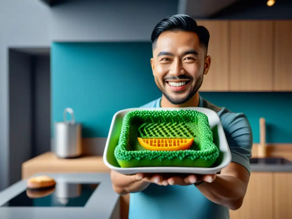 Persona sonriente sostiene una comida sin gluten impresa en 3D, en una cocina futurista