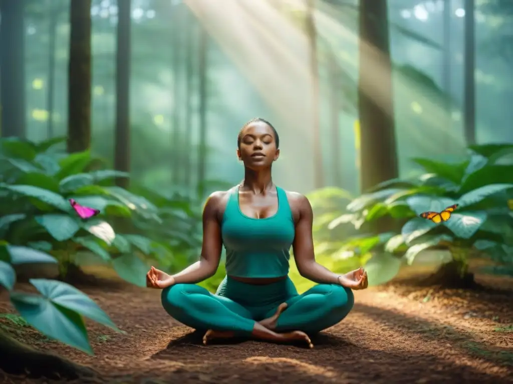 Persona practicando yoga en un bosque verde y sereno, rodeada de mariposas coloridas