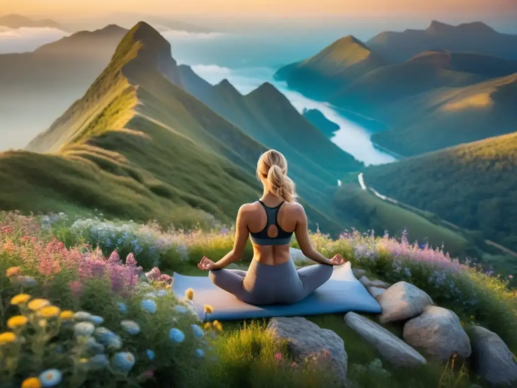 Persona practicando yoga en una montaña al amanecer, rodeada de naturaleza, transmitiendo calma y equilibrio
