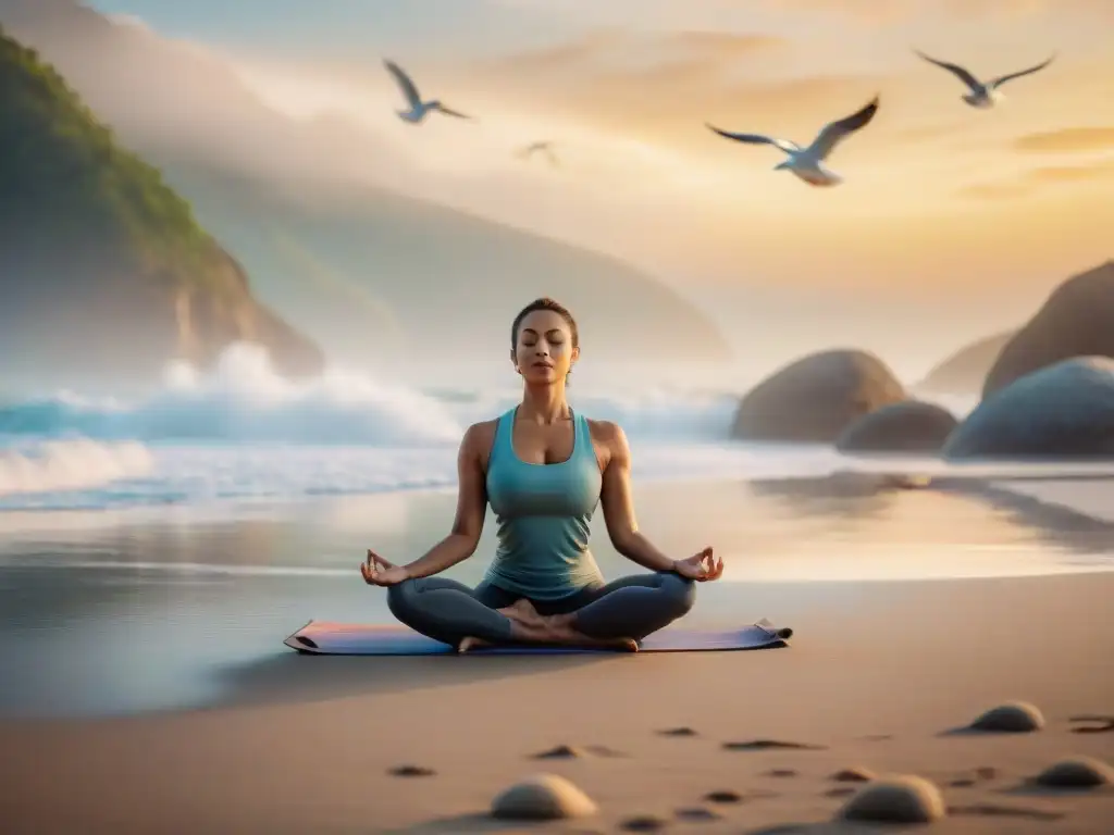 Persona practicando yoga en la playa al amanecer, transmitiendo serenidad