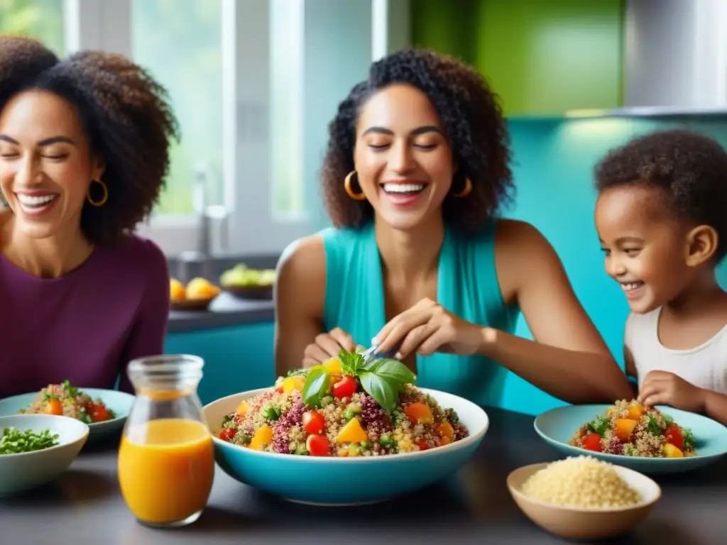 Disfrutando juntos de una ensalada de quinua sin gluten Personas disfrutando de una colorida ensalada de quinua sin gluten en una cocina vibrante