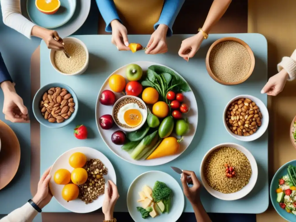 Personas disfrutando de una comida sin gluten en comunidad, reflejando una dieta equilibrada