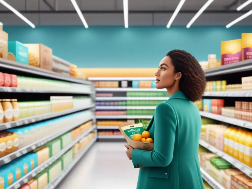 Personas diversas compran alimentos sin gluten en un supermercado moderno y brillante