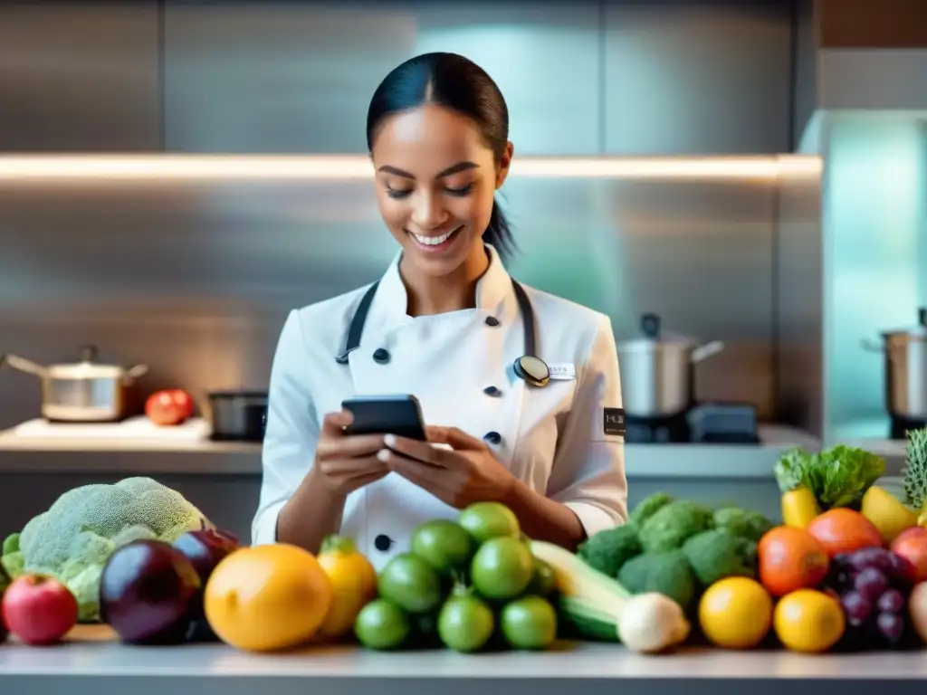 Personas diversas usan aplicaciones móviles sin gluten en una cocina saludable y acogedora