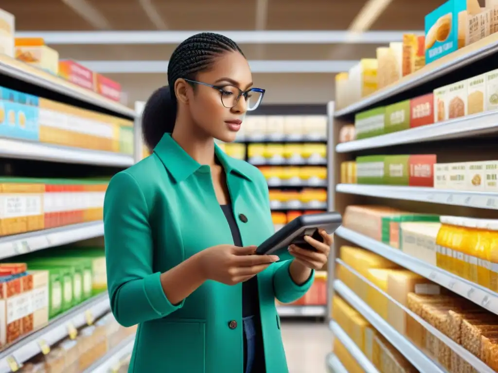 Personas diversas inspeccionan etiquetas de alimentos en supermercado iluminado, destacando la importancia de detectar alérgenos