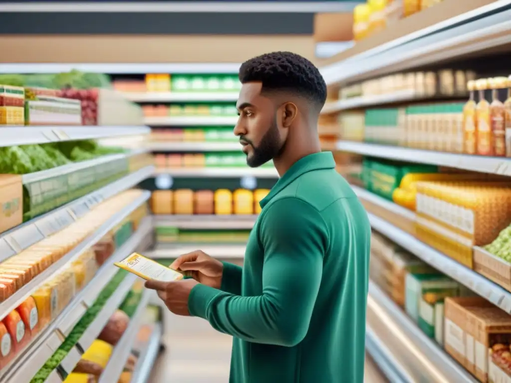 Personas diversas leen etiquetas de alimentos veganos sin gluten en un supermercado