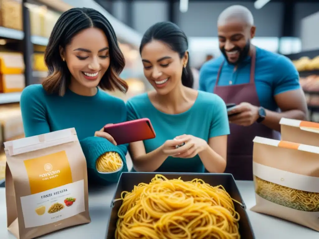 Personas diversas comprando pastas sin gluten online, felices y satisfechas con la variedad de opciones en pantalla