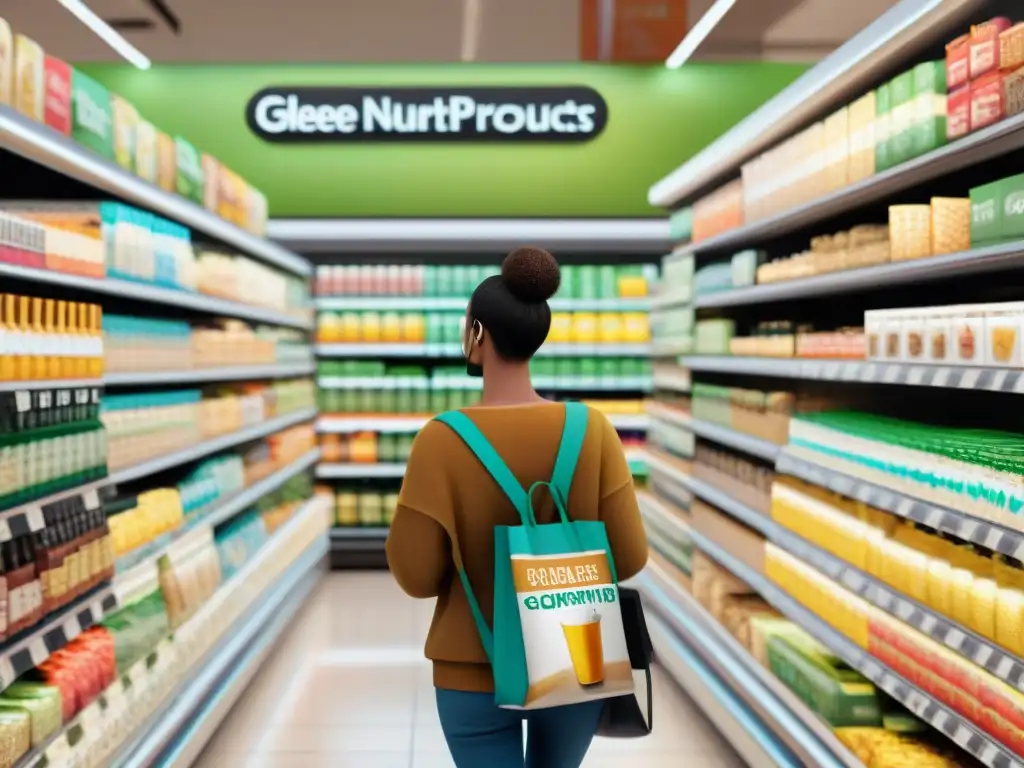 Personas diversas comprando en supermercado con productos sin gluten, usando mejores apps productos sin gluten