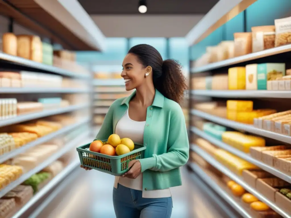 Personas diversas exploran tienda online sin gluten innovadora, con diseño moderno y productos especializados