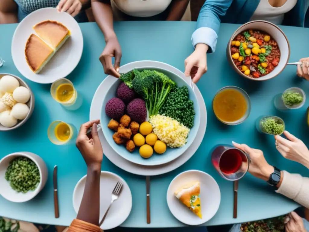 Personas de diferentes edades y etnias comparten una comida sin gluten y alergias, celebrando la inclusividad y la alegría juntos en la mesa