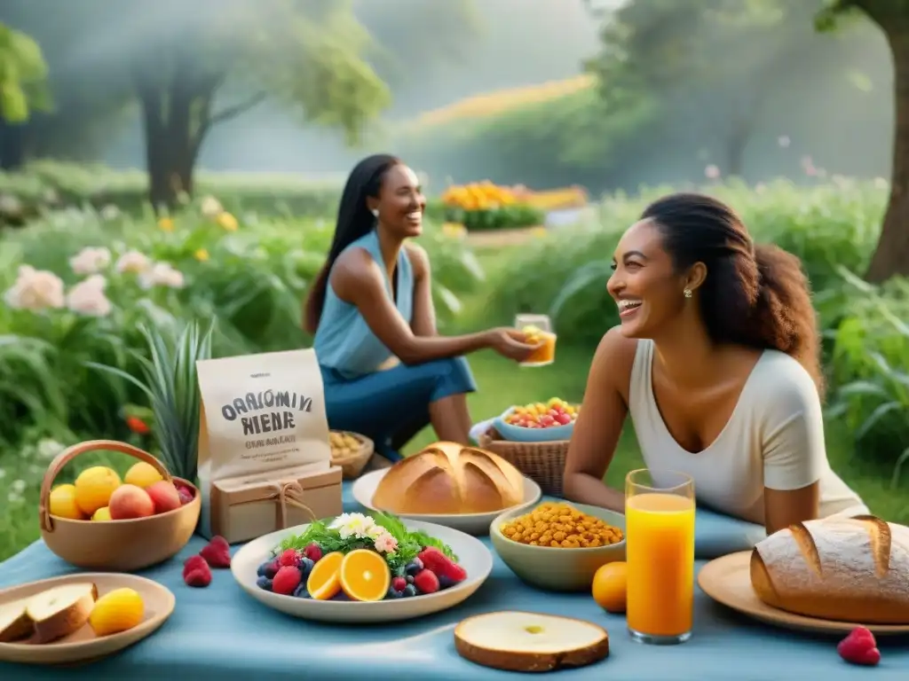 Personas felices disfrutando de un picnic orgánico sin gluten en la naturaleza