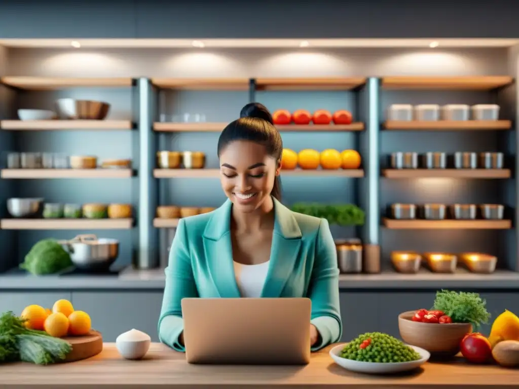 Varias personas felices personalizan sus planes de comidas sin gluten en dispositivos electrónicos en una cocina moderna