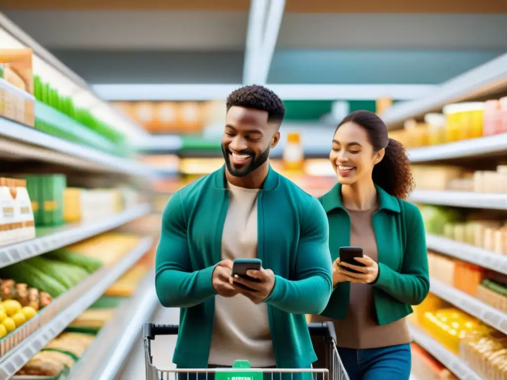 Personas felices comprando en un supermercado moderno, usando apps móviles para celíacos