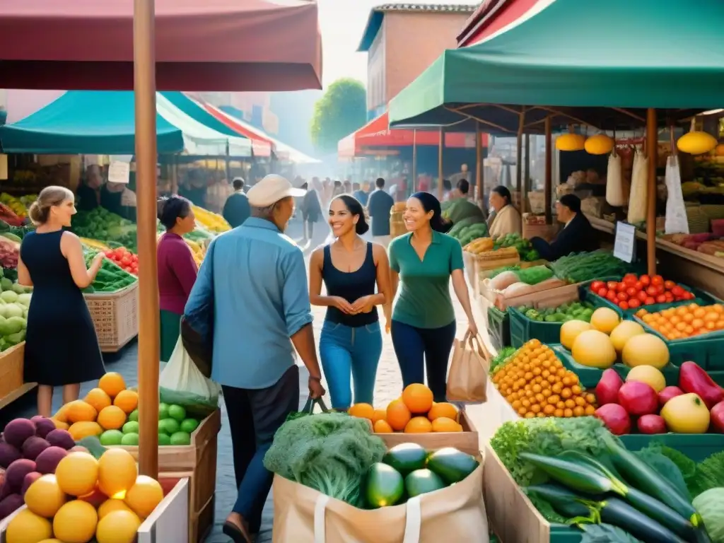 Personas comprando en mercado al aire libre, con bolsas reutilizables y letrero 'Productos Sin Gluten'