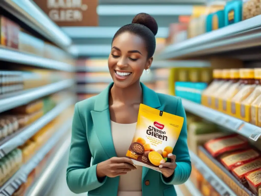Personas sonrientes leen etiquetas productos sin gluten en supermercado, mostrando diseños vibrantes y claras indicaciones 'sin gluten'
