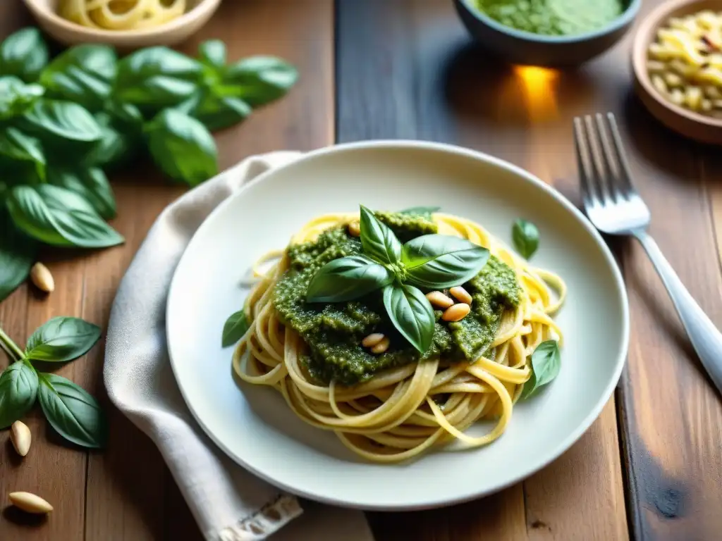 Pesto sin gluten receta fácil: Delicioso pesto verde sobre pasta, con albahaca, piñones y luz solar, en mesa rústica