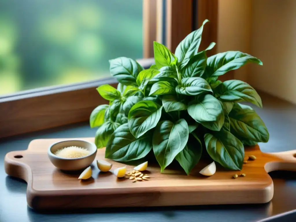 Pesto sin gluten receta fácil: un vibrante ramo de albahaca rodeado de ajos, piñones, queso parmesano y aceite de oliva en una tabla de madera rústica