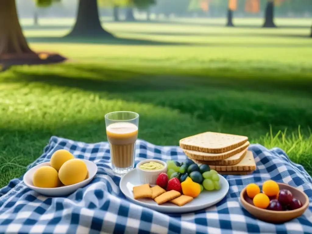 Un picnic acogedor con snacks sin gluten saludables en un parque verde y soleado