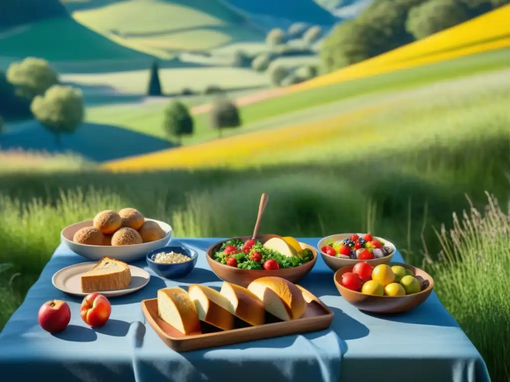 Un picnic al aire libre con comida sin gluten recetas innovadoras en un paisaje campestre vibrante y diverso