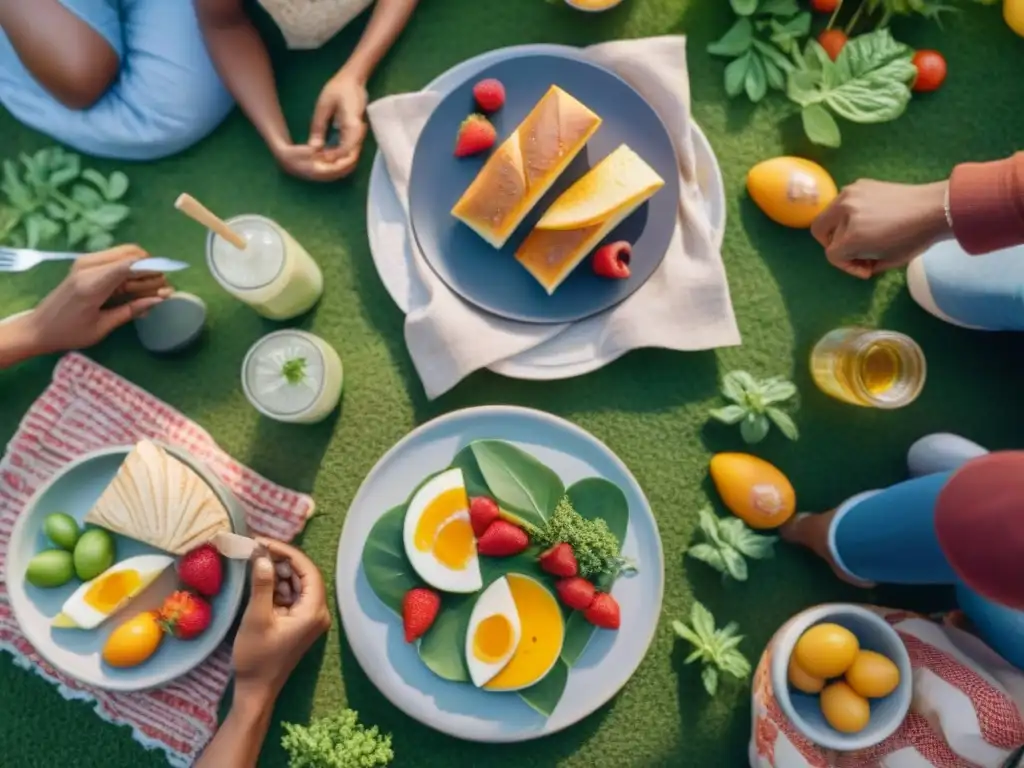 Picnic al aire libre con comida sin gluten rodeado de diversidad y felicidad, transmitiendo los beneficios alimentación sin gluten