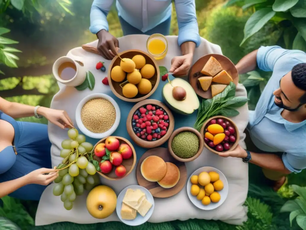 Un picnic al aire libre con personas disfrutando de alimentos sin gluten, rodeados de naturaleza