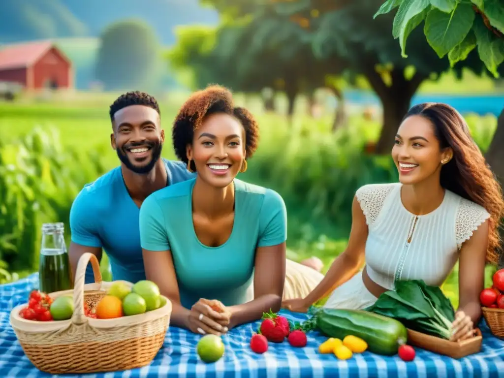 Un picnic alegre entre amigos en una granja orgánica sin gluten, rodeados de frutas y verduras coloridas