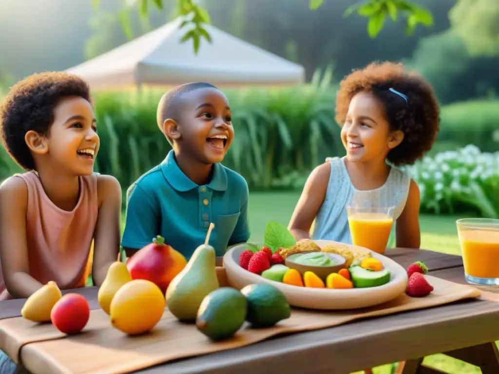 Un picnic alegre de niños de distintas culturas disfrutando de snacks sin gluten en un parque soleado