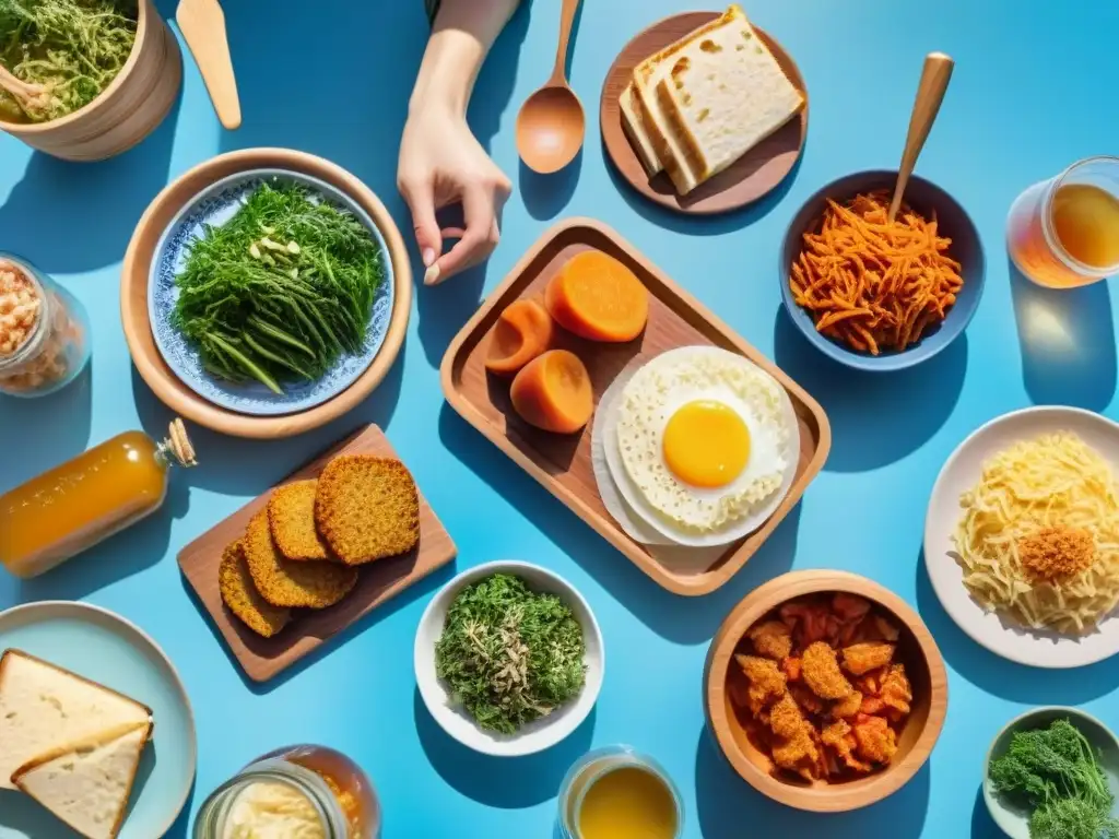 Un picnic animado donde un grupo diverso disfruta de alimentos fermentados sin gluten bajo el cielo azul