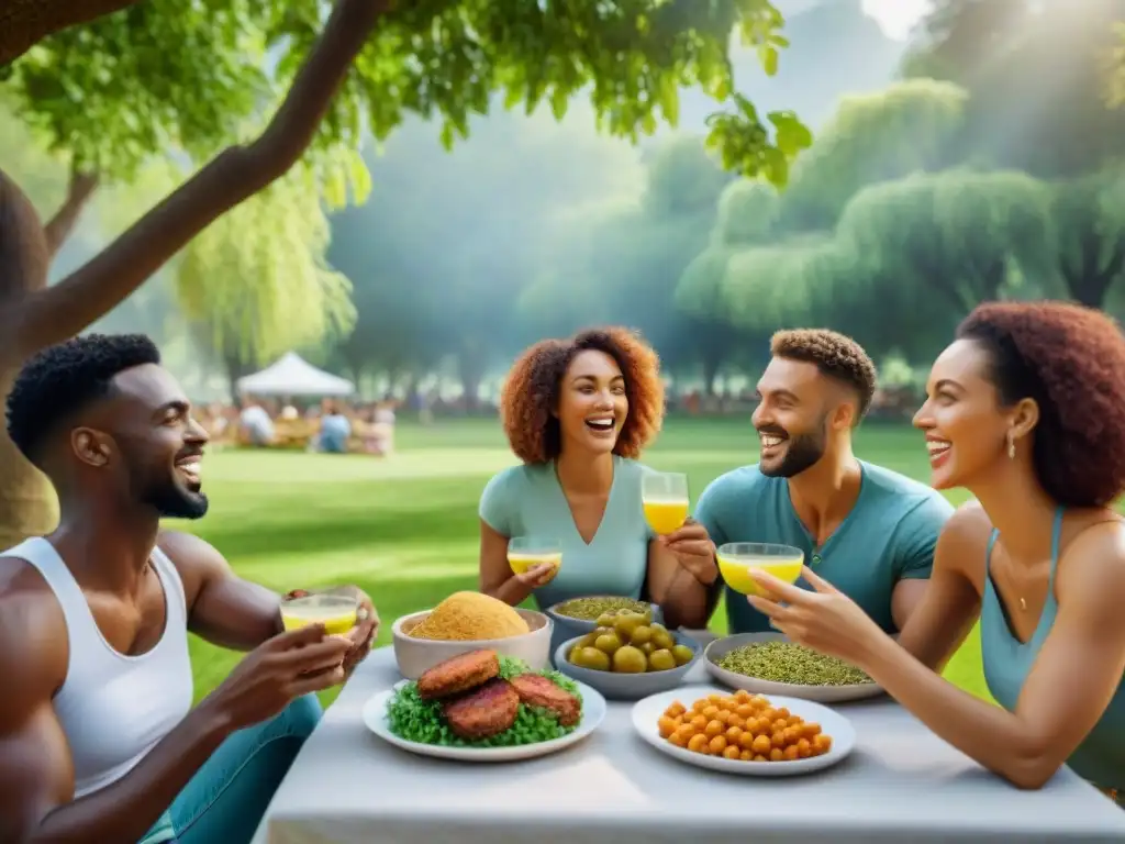 Un picnic animado con proteínas sin gluten innovadoras en un parque verde y soleado