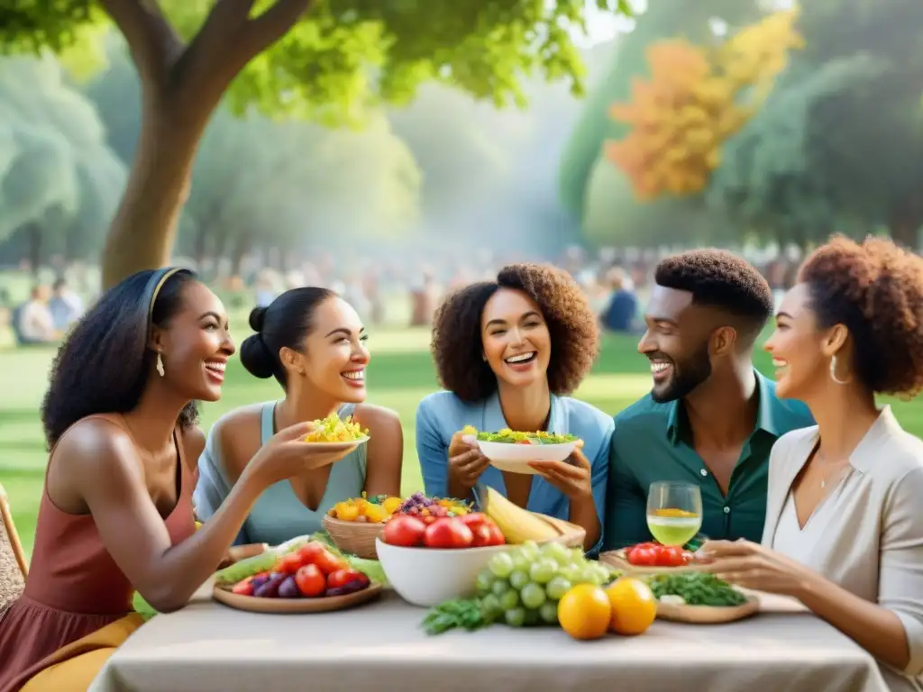 Un picnic festivo al aire libre con comida saludable y personas felices disfrutando de una dieta sin gluten en vacaciones