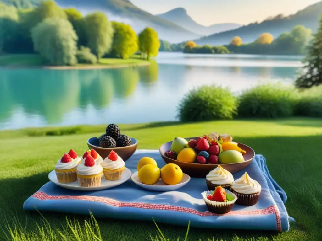 Un picnic sin gluten en un entorno natural sereno con una manta colorida y deliciosa comida, perfecto para un viaje sin restricciones