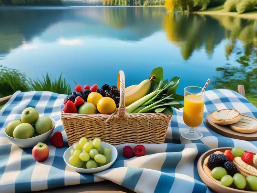 Un picnic sin gluten en un entorno sereno junto al lago, con una variedad de tentempiés, cestas de mimbre y naturaleza