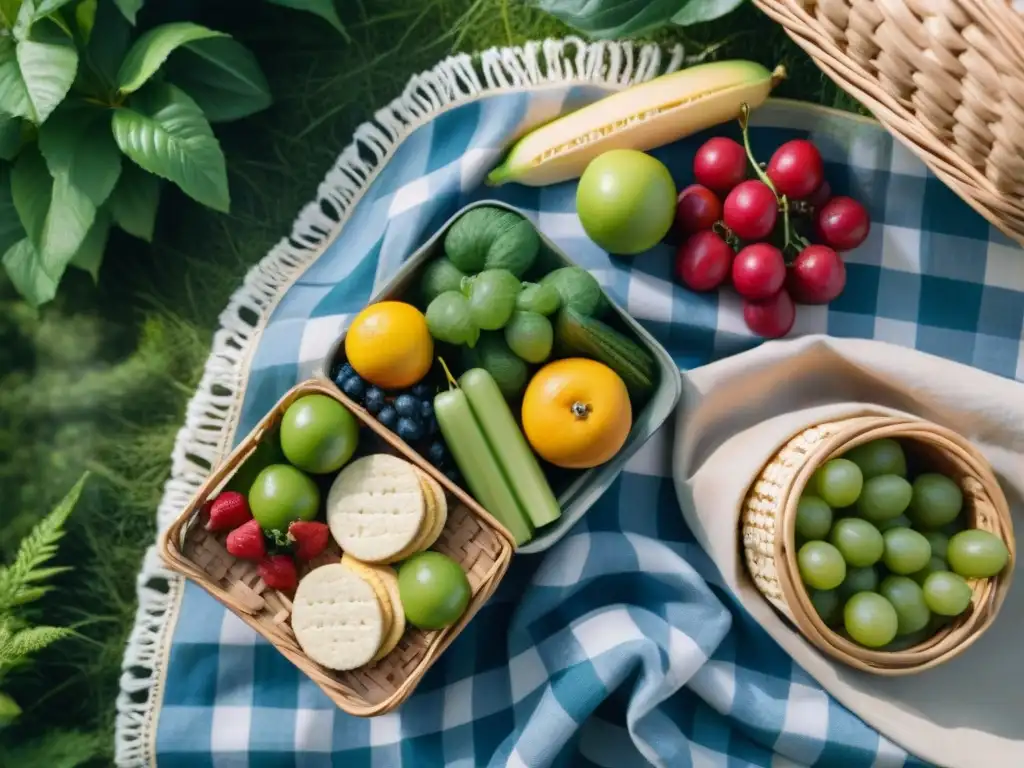 Un picnic sin gluten en un parque verde, con frutas, vegetales, hummus, queso, galletas y sándwiches sin gluten en una cesta de mimbre