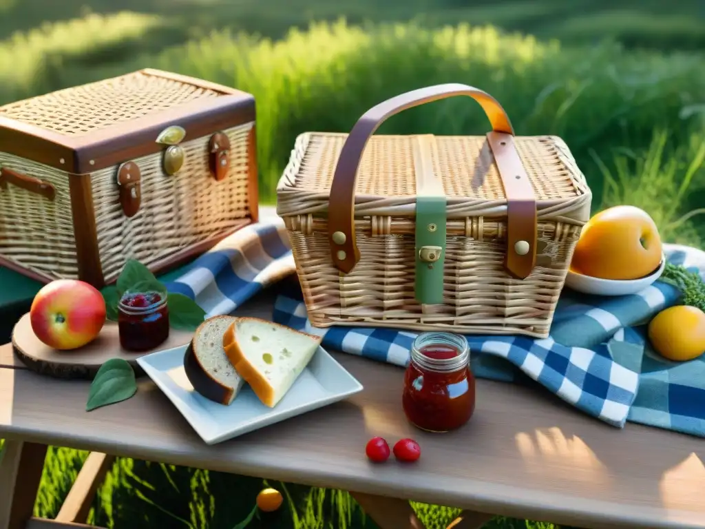 Un picnic sin gluten en un prado verde, con delicias locales y luz filtrándose entre los árboles