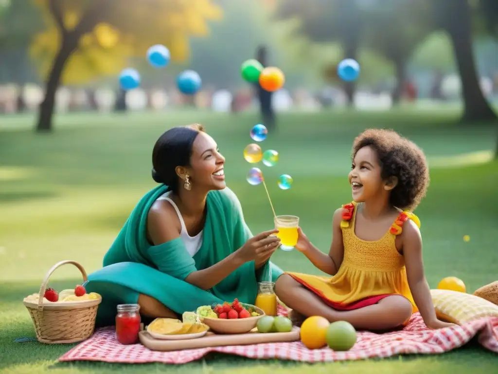 Un picnic inclusivo de niños de distintas edades y etnias disfrutando de meriendas sin gluten en un parque colorido