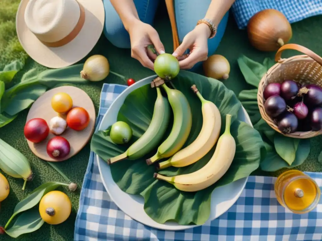 Un picnic en el parque: personas felices disfrutan alimentos prebióticos como plátanos, cebollas y granos integrales