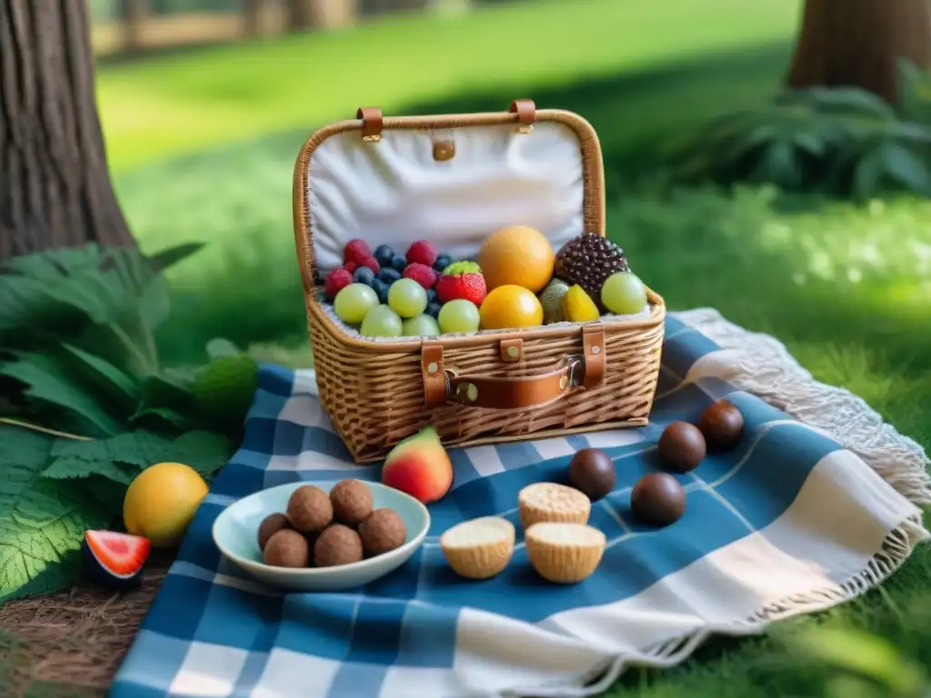 Un picnic en el parque con snacks sin gluten para excursiones, en una cesta de mimbre sobre una manta de cuadros