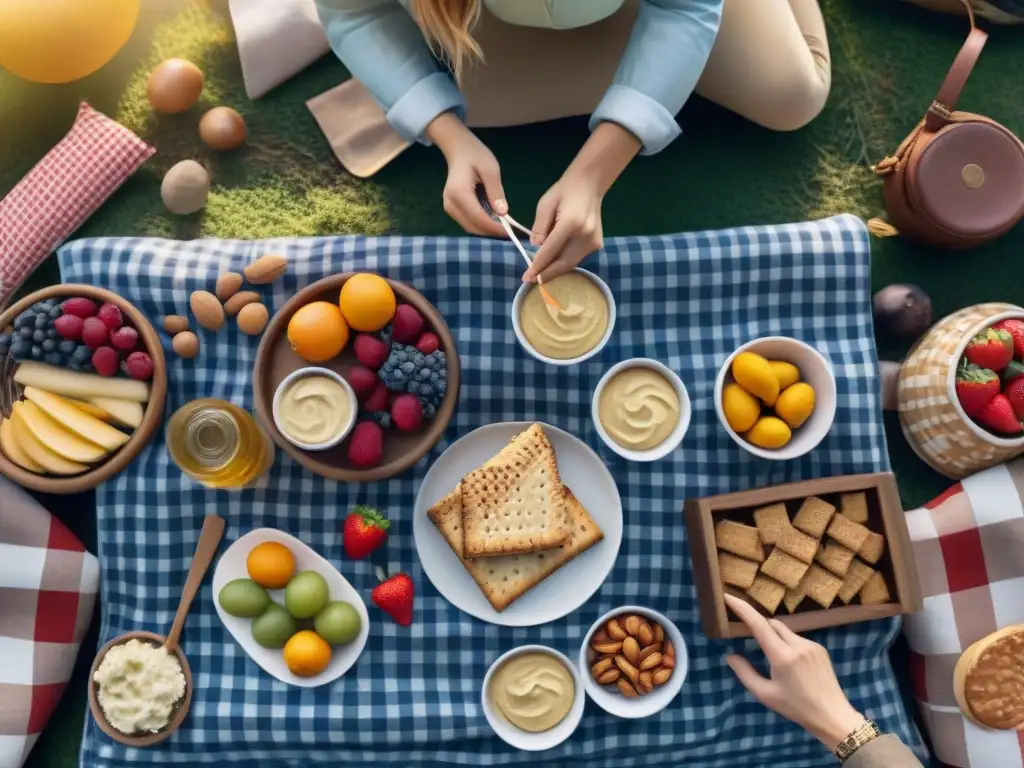 Un picnic en el parque con snacks sin gluten saludables en una escena cálida y acogedora