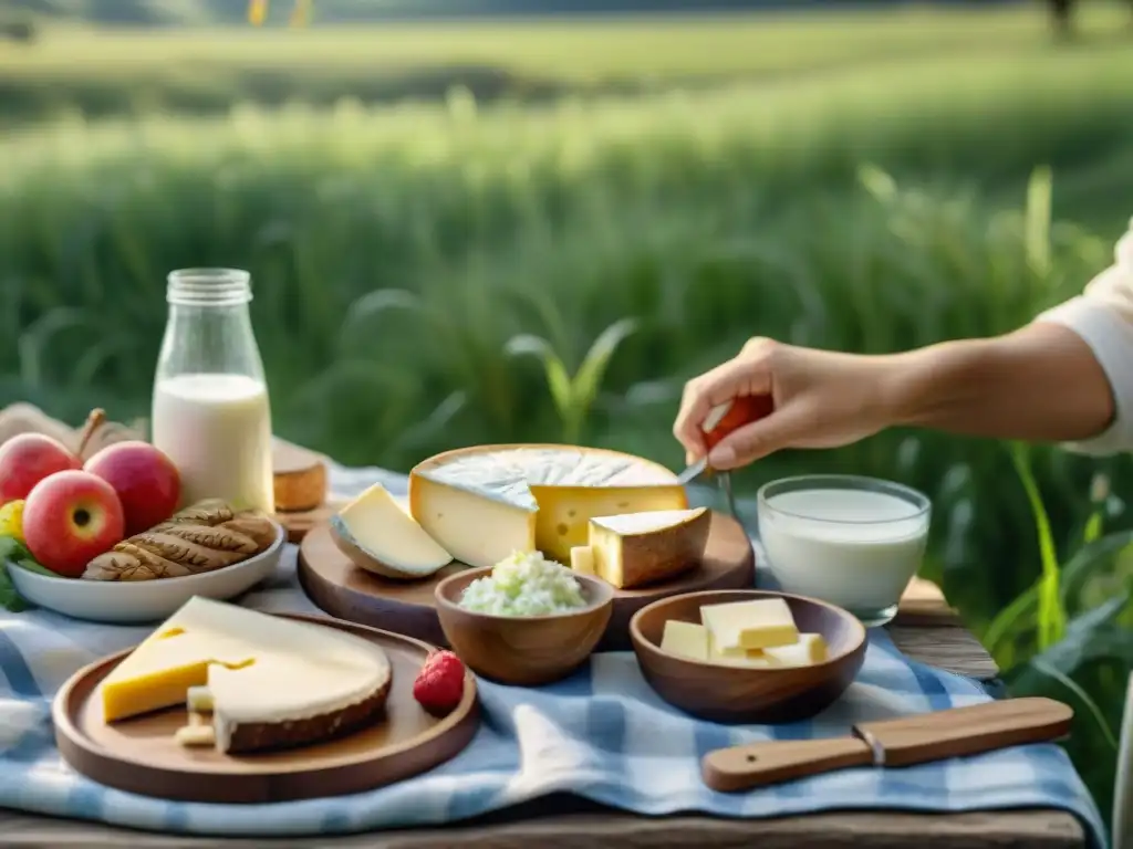 Un picnic en un prado verde con alimentos sin gluten y lácteos, mostrando los beneficios de una dieta equilibrada y saludable