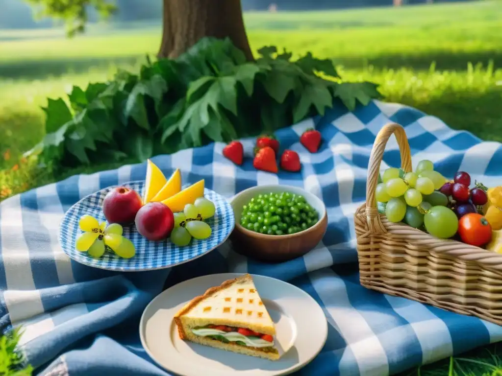 Un picnic saludable sin gluten bajo un árbol frondoso: recetas coloridas en una manta a cuadros