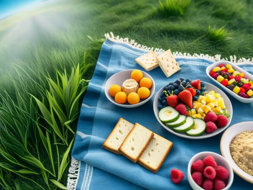 Un picnic saludable sin gluten en un mantel vibrante sobre césped verde, con deliciosas recetas como brochetas de frutas y hummus