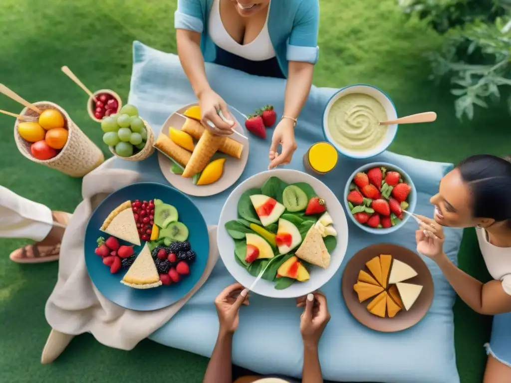 Un picnic con snacks veganos sin gluten en un parque soleado, creando un ambiente cálido y acogedor