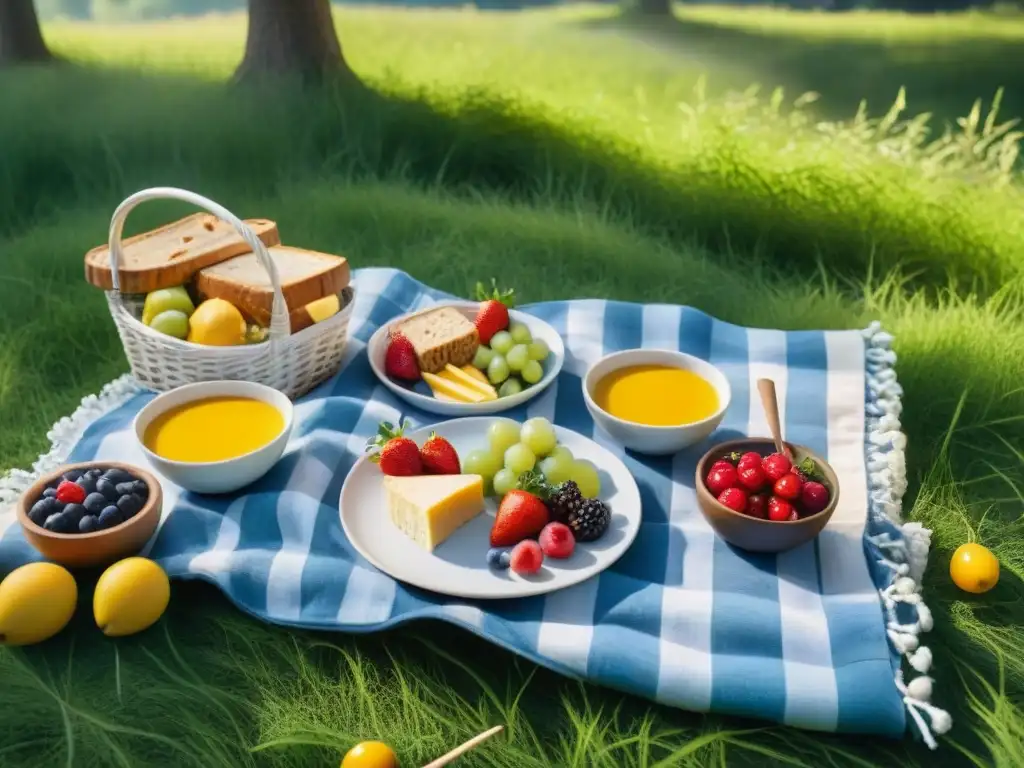 Un picnic de verano sin gluten en una manta sobre hierba verde, con deliciosos snacks y frutas coloridas bajo el cálido sol