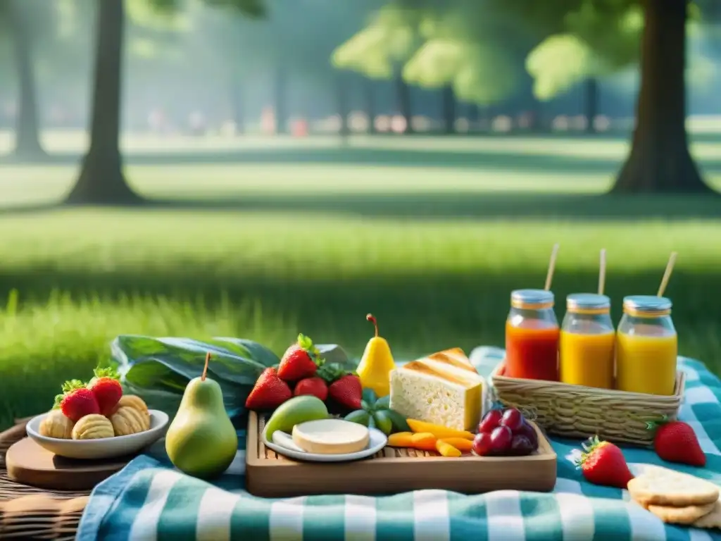 Un picnic de verano sin gluten en un parque verde y acogedor, con deliciosos snacks y una atmósfera cálida y acogedora