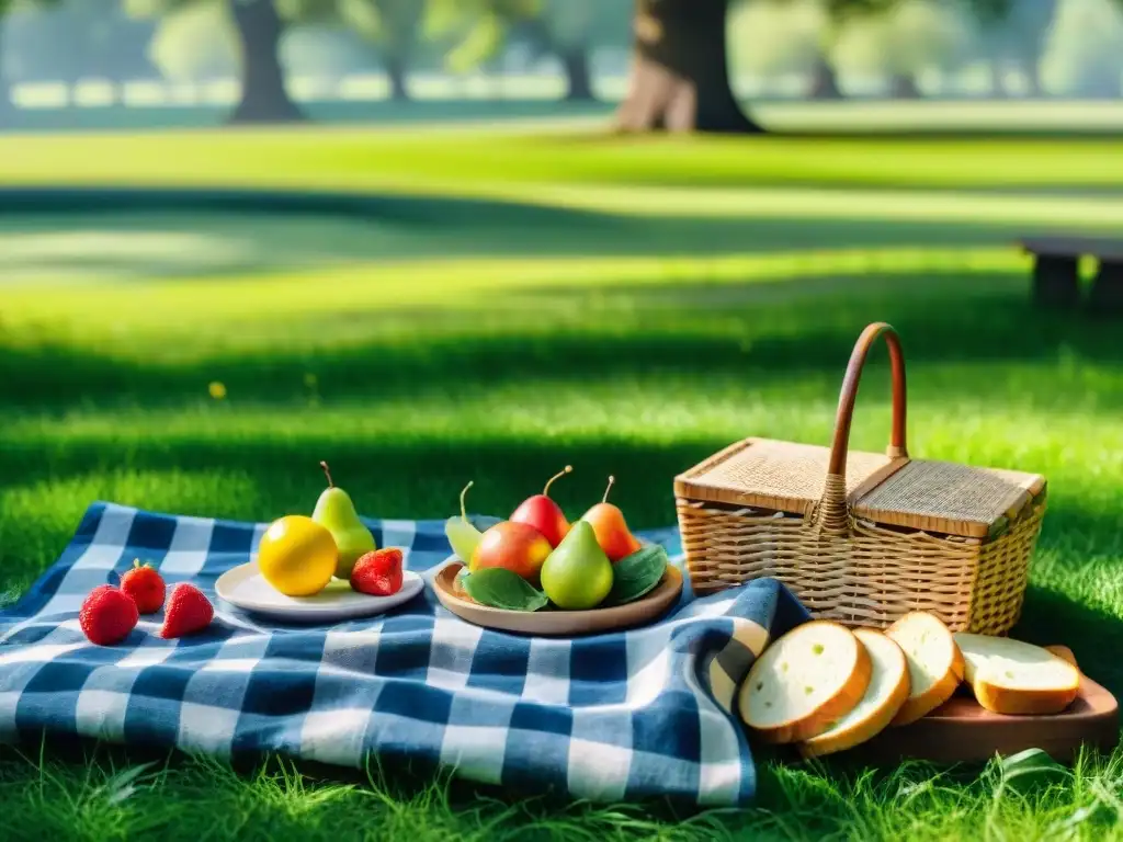 Un picnic de verano sin gluten en un parque verde bajo la sombra de un roble, con delicias coloridas y frescas