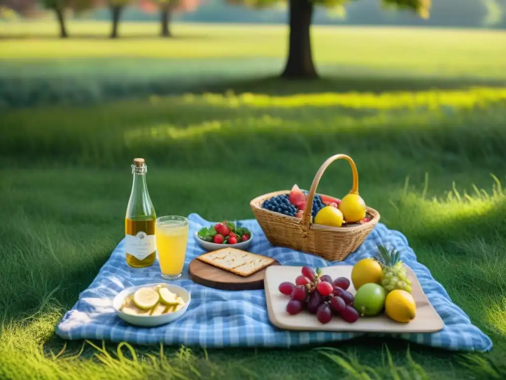 Un picnic de verano sin gluten: mantel colorido sobre césped verde con comida fresca y limonada, bañados por cálida luz del sol