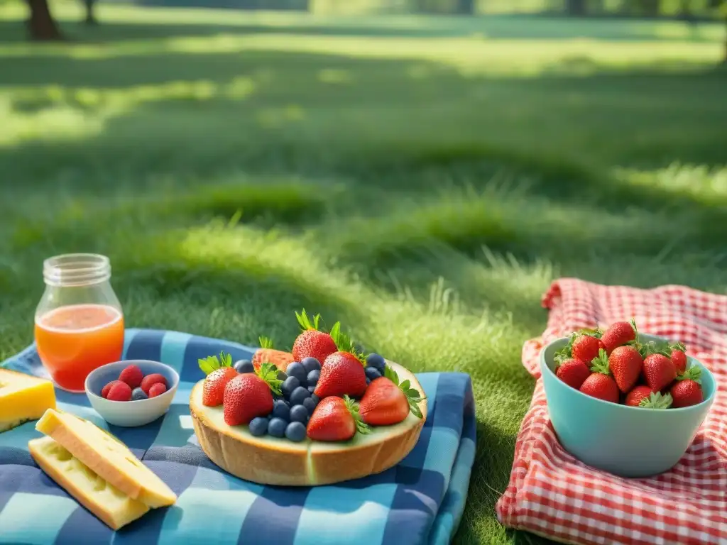 Un picnic de verano sin gluten: Mantel vibrante con snacks y actividades coloridos en un parque, amigos felices jugando frisbee